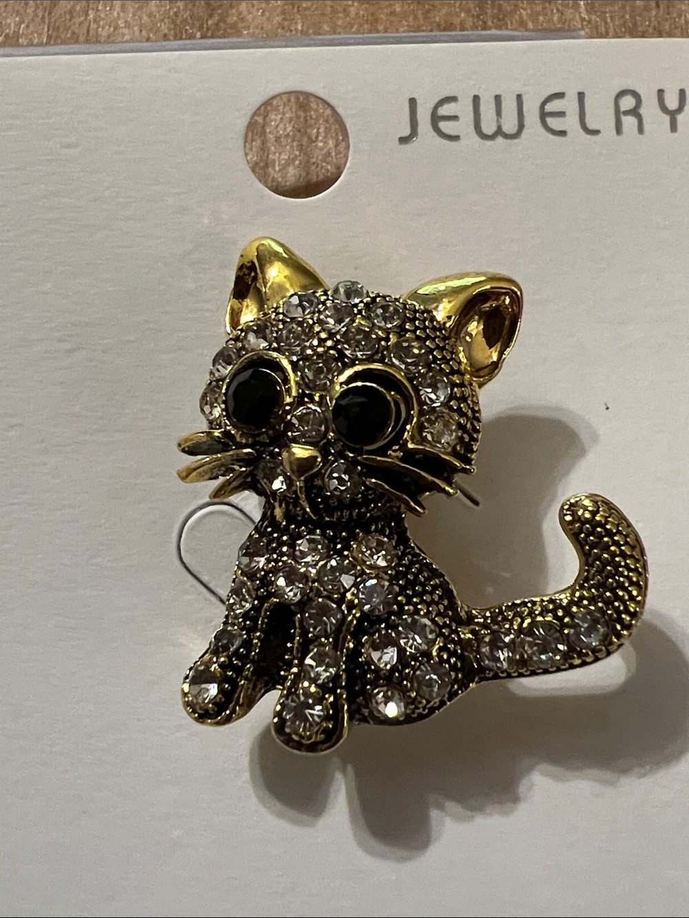 3/$18 Gold Tone Cat Brooch with Clear Crystals Lot 497